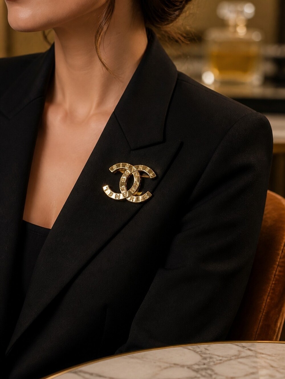 CHANEL Gold Double CC Logo Brooch with Embossed Lettering